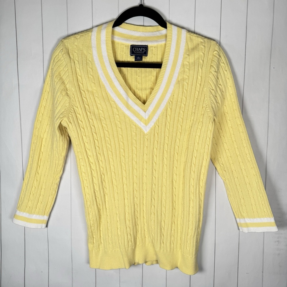 Y2K Chaps Classics 100% Cotton Yellow V-neck Sweater Tennis Preppy Ivy League S